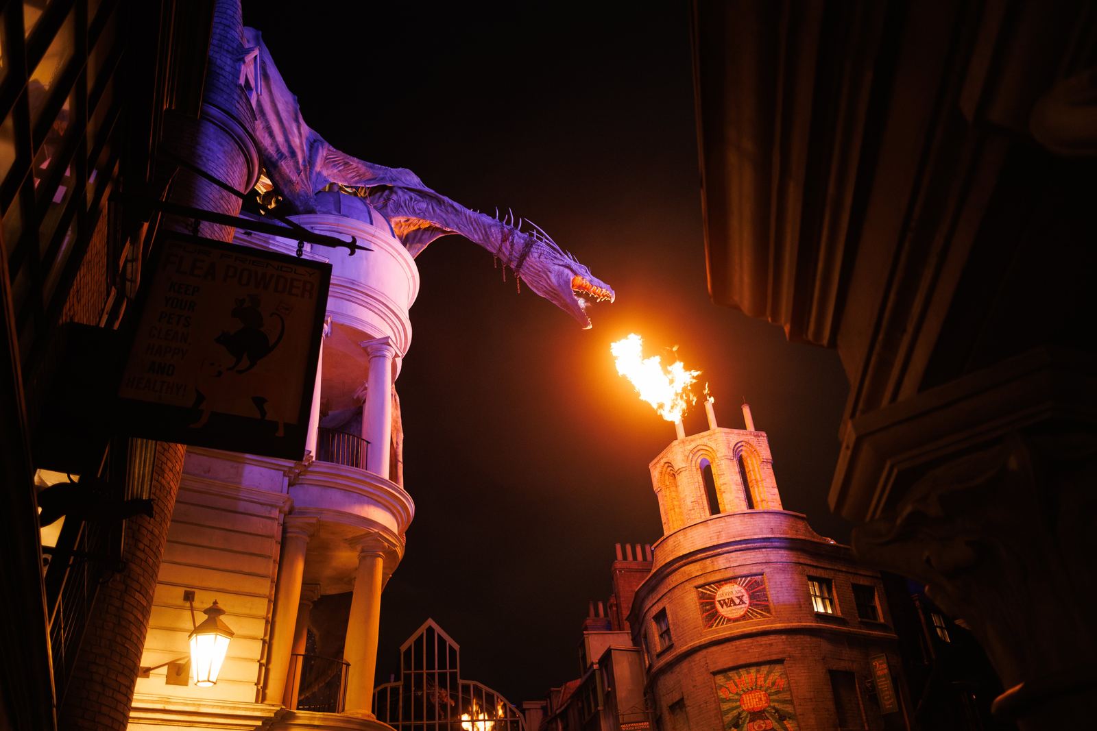 A purple dragon breathing fire above a night street